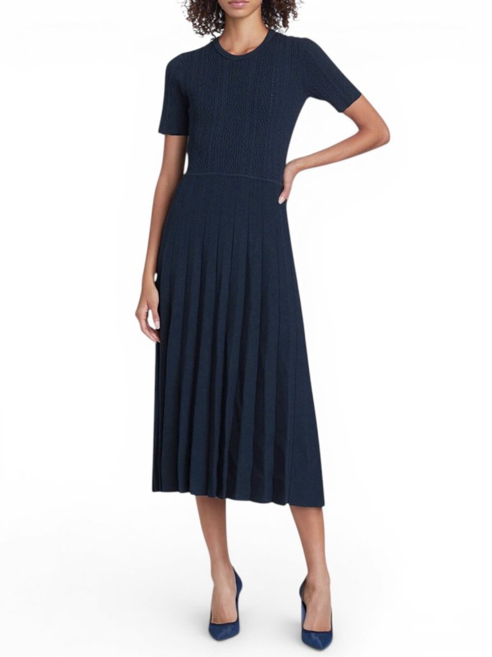 Jason Wu Collection Navy Mixed Stitch Midi Sweater Dress Cableknit Pleated L